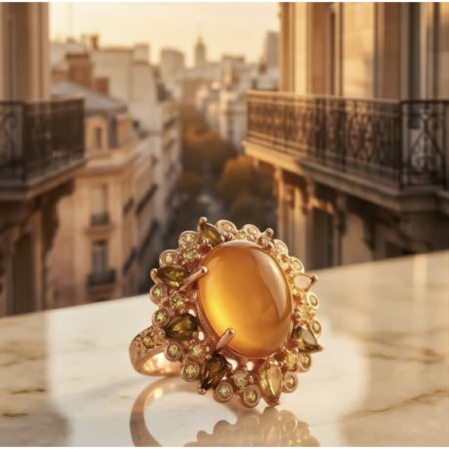 Wonderland Natural 27.4 carat Hessonite Garnet .925 Sterling Silver dipped in 18K ROSE GOLD handmade Large Statement Ring size 8 - Hessonite Garnet ring close-up with city background.