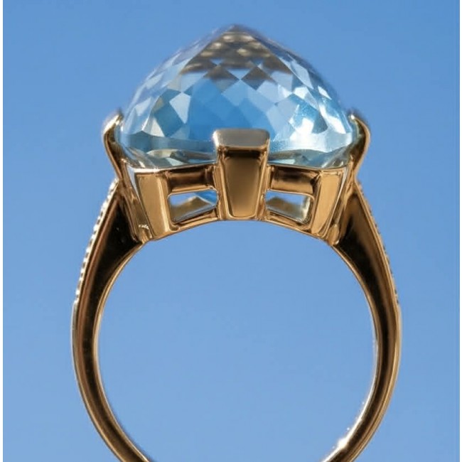 Atlantica 29.4 carat fancy Rose cut Swiss Blue Topaz 18K Gold over .925 Sterling Silver handcrafted Large ring size 8 - Side view of Atlantica 29.4ct Swiss Blue Topaz ring in 18K gold.