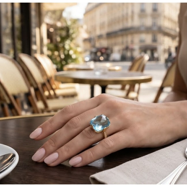 Atlantica 29.4 carat fancy Rose cut Swiss Blue Topaz 18K Gold over .925 Sterling Silver handcrafted Large ring size 8 - Worn on hand, Atlantica 29.4 ct Swiss Blue Topaz ring in 18K gold.