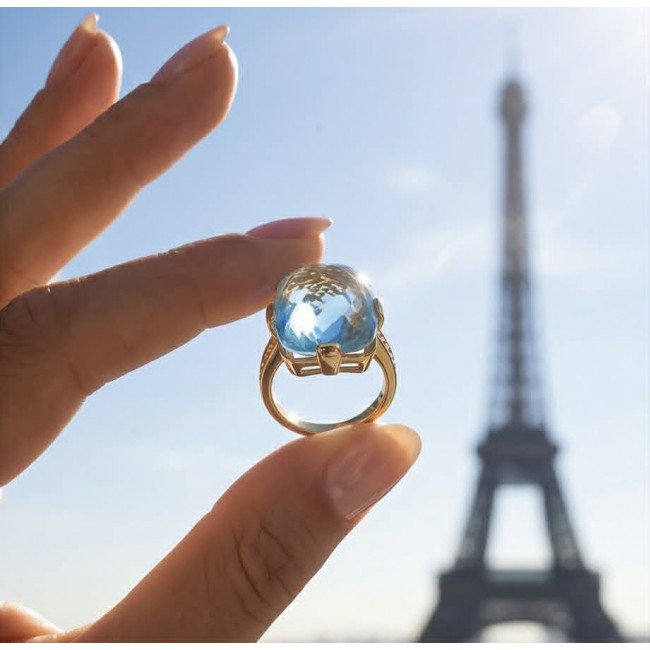 Atlantica 29.4 carat fancy Rose cut Swiss Blue Topaz 18K Gold over .925 Sterling Silver handcrafted Large ring size 8 - Close-up of Atlantica Blue Topaz ring held against the Eiffel Tower background.