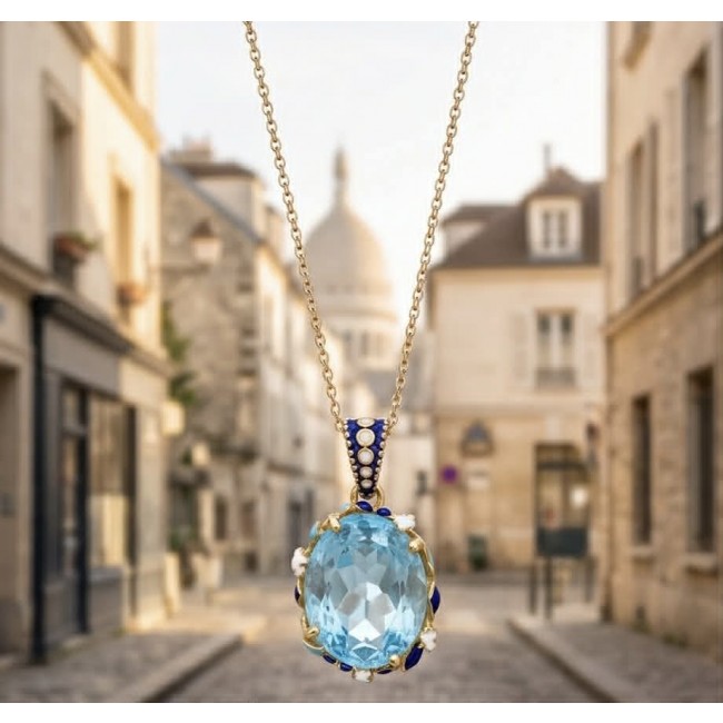 Atlantica 34.4 carat fancy oval cut Swiss Blue Topaz 18K Gold over Enamel .925 Sterling Silver handcrafted Handcrafted Pendant - Close-up of Atlantica 34.4 carat Swiss Blue Topaz necklace on street backdrop
