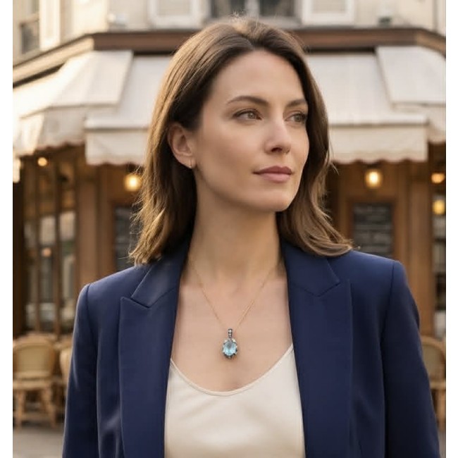 Atlantica 34.4 carat fancy oval cut Swiss Blue Topaz 18K Gold over Enamel .925 Sterling Silver handcrafted Handcrafted Pendant - Woman wearing Atlantica blue topaz necklace in street setting.