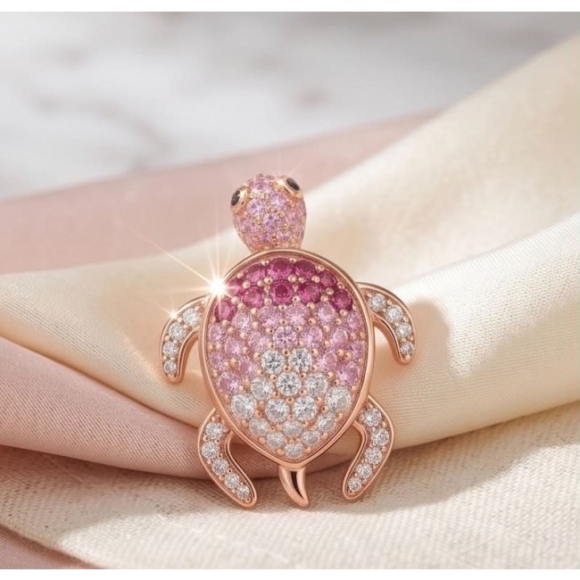 Pink Turtles - authentic 10.8 carat Pink Sapphire 18K Rose Gold over .925 Sterling Silver handcrafted Earrings - Pink turtle brooch with pink sapphires, shown on a fabric background.