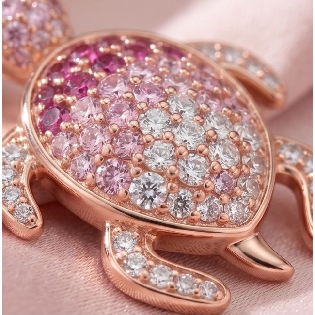 Pink Turtles - authentic 10.8 carat Pink Sapphire 18K Rose Gold over .925 Sterling Silver handcrafted Earrings - Close-up of Pink Sapphire Turtle Jewelry in 18K Rose Gold