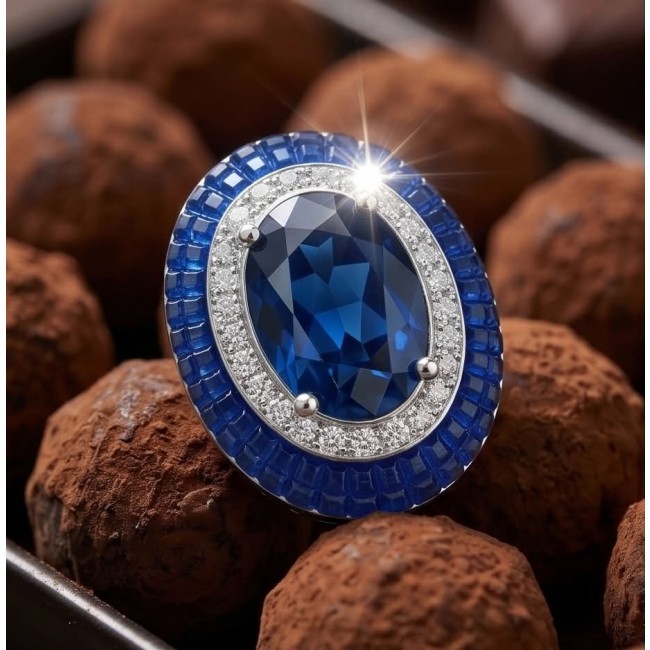Art Deco - Incredible genuine 10.5 CARAT Sapphire .925 Sterling Silver handcrafted Earrings - Close-up of Art Deco sapphire ring with diamond accents on truffles.