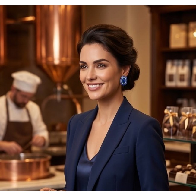 Art Deco - Incredible genuine 10.5 CARAT Sapphire .925 Sterling Silver handcrafted Earrings - Woman wearing Art Deco sapphire earrings in a bakery setting.
