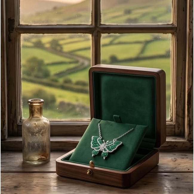 Precious Butterfly authentic 12.9 carat Colombian Emerald .925 Sterling Silver handcrafted Statement necklace - Necklace with emerald butterfly in open box, scenic view in background.