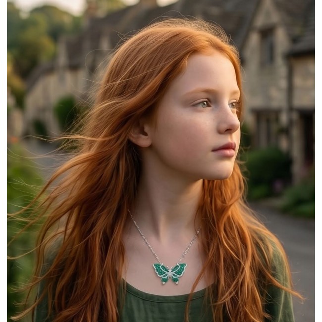 Precious Butterfly authentic 12.9 carat Colombian Emerald .925 Sterling Silver handcrafted Statement necklace - Side view of a girl wearing a butterfly emerald necklace