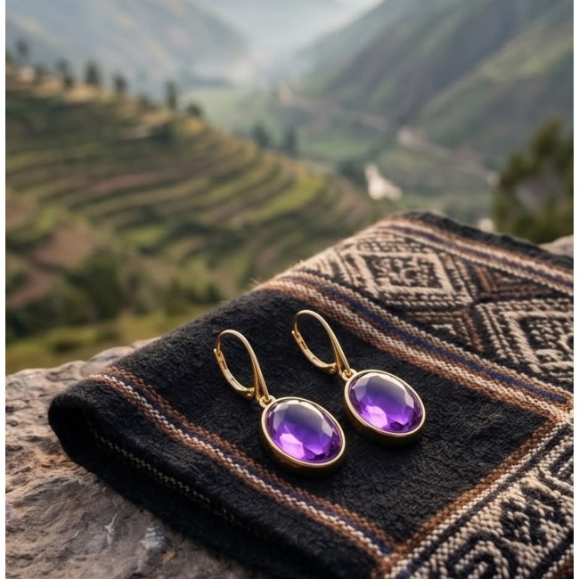 Lavender Beauty authentic 18.2 carat Amethyst 14K Gold over .925 Sterling Silver handcrafted earrings - Amethyst earrings on fabric with terraced landscape background.
