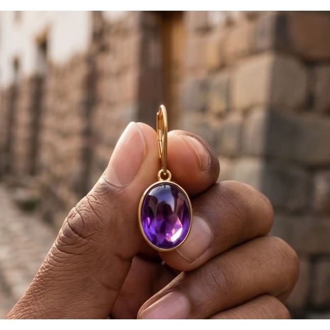 Lavender Beauty authentic 18.2 carat Amethyst 14K Gold over .925 Sterling Silver handcrafted earrings - Close-up of 18.2 carat Amethyst necklace held between fingers.