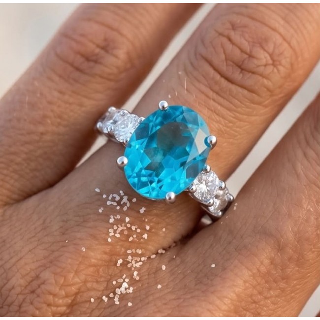 Eau Pure 5.1 carat Paraiba Tourmaline .925 Sterling Silver Handcrafted Ring size 8 adjustable - Close-up of Paraiba Tourmaline ring worn on hand