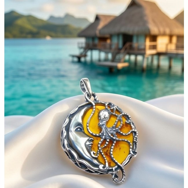 Marina by Night Prehistoric Authentic Baltic Amber .925 Sterling Silver beautifully handcrafted Pendant - Close-up of octopus moon pendant with amber background by the sea.