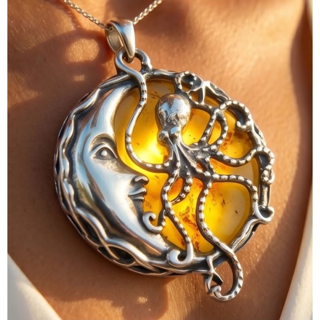 Marina by Night Prehistoric Authentic Baltic Amber .925 Sterling Silver beautifully handcrafted Pendant - Amber pendant with octopus and moon design, worn on neck.