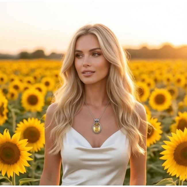 Sienna- amazing quality 30.7 CARAT genuine Brazilain Citrine RHODIUM over .925 Sterling Silver handmade pendant - Woman wearing Sienna necklace with 30.7 carat Brazilian Citrine in sunflower field.