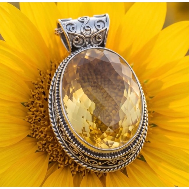 Sienna- amazing quality 30.7 CARAT genuine Brazilain Citrine RHODIUM over .925 Sterling Silver handmade pendant - Citrine pendant close-up on sunflower, showcasing gemstone and detailed setting.