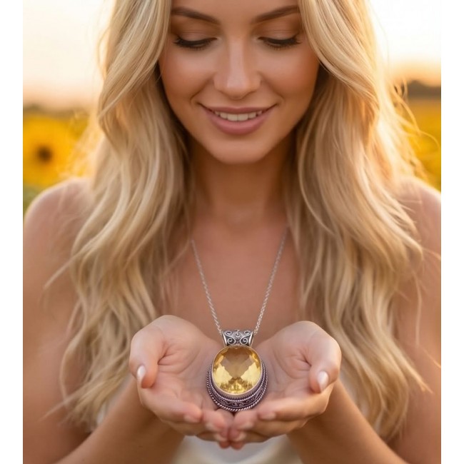 Sienna- amazing quality 30.7 CARAT genuine Brazilain Citrine RHODIUM over .925 Sterling Silver handmade pendant - Woman holding 30.7 carat Brazilian Citrine pendant, close-up view.
