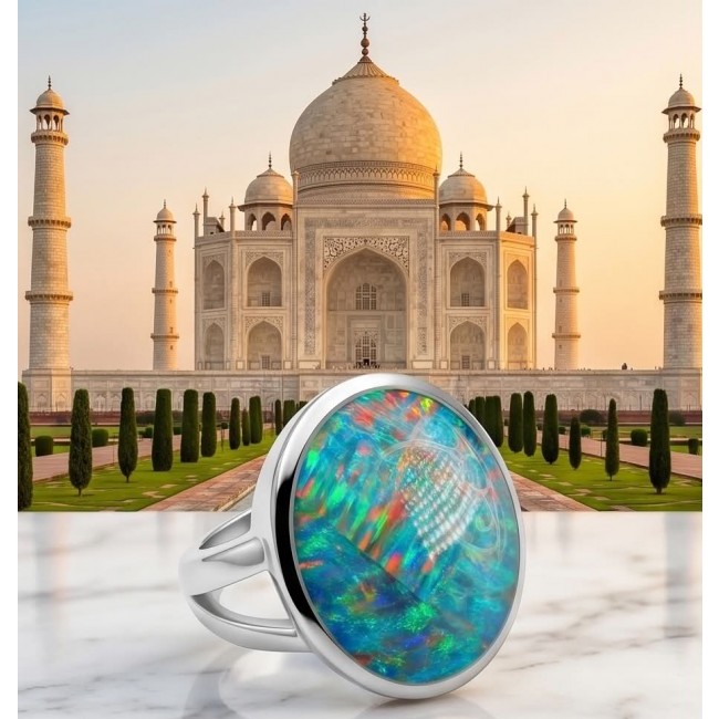 Endless Ocean Genuine 28.2 carat doublet Australian Opal .925 Sterling Silver handmade Ring size 6 2/4 - Close-up of Endless Ocean Opal ring with Taj Mahal in background