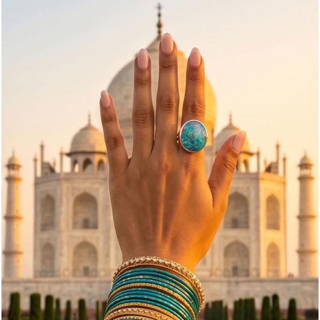 Endless Ocean Genuine 28.2 carat doublet Australian Opal .925 Sterling Silver handmade Ring size 6 2/4 - Opal ring worn on hand in front of the Taj Mahal at sunset.