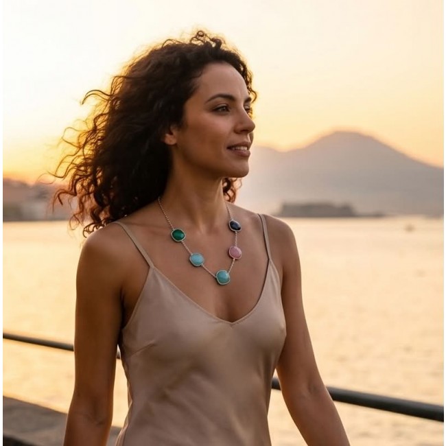 Serafina Multistone Statement 18 inches long rhodium over .925 Sterling Silver necklace - Side view of woman wearing Serafina Multistone Statement Necklace.