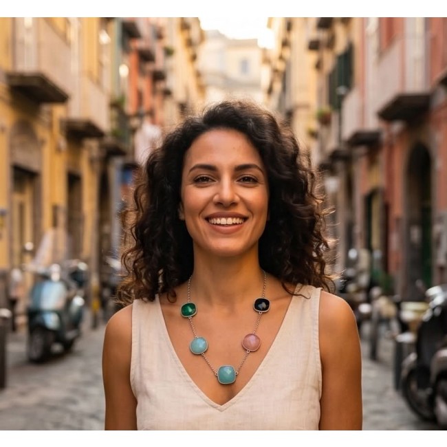 Serafina Multistone Statement 18 inches long rhodium over .925 Sterling Silver necklace - Woman wearing Serafina Multistone Necklace, street background