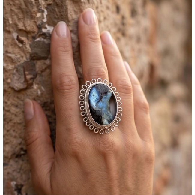 Australian Boulder Opal .925 Sterling Silver handcrafted Large ring size 7 1/4 - Australian Boulder Opal ring, worn on hand, front view.