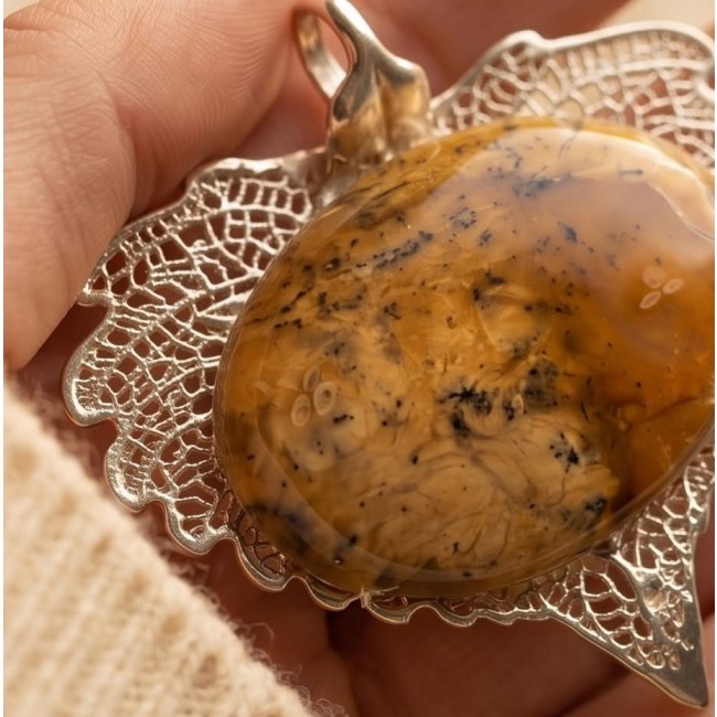 REAL Leaf dipped in sterling silver Picture Jasper & .925 Sterling Silver Pendant - Close-up of Picture Jasper pendant with silver leaf detail