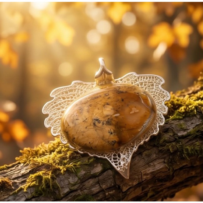 REAL Leaf dipped in sterling silver Picture Jasper & .925 Sterling Silver Pendant - Leaf-shaped pendant with Picture Jasper on mossy log in autumn setting.