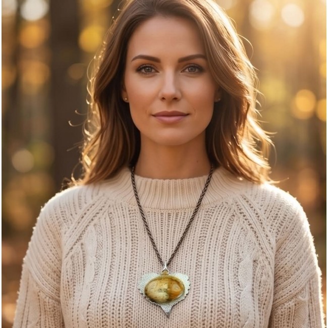 REAL Leaf dipped in sterling silver Picture Jasper & .925 Sterling Silver Pendant - Woman wearing a leaf-shaped silver pendant with picture jasper centerpiece