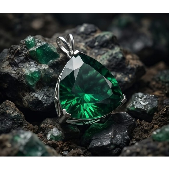 Trillion Cut Perfect 42.2 carat Volcanic Helenite .925 Sterling Silver handcrafted Pendant - Trillion cut 42.2 carat volcanic Helenite pendant on rocky background