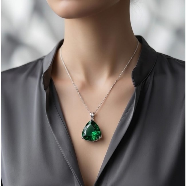 Trillion Cut Perfect 42.2 carat Volcanic Helenite .925 Sterling Silver handcrafted Pendant - Trillion-cut volcanic helenite pendant necklace, front view, worn on neck.