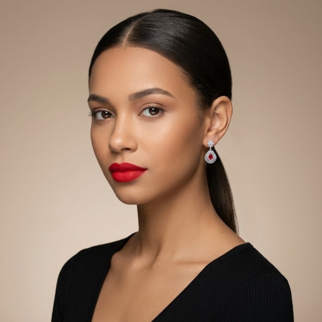 Magnificent Jewel 6.5 carat Ruby .925 Sterling Silver handcrafted incredible earrings - Woman wearing ruby and silver earrings, side view.