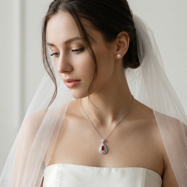 Magnificent Jewel 5.2 carat Ruby .925 Sterling Silver handcrafted incredible Pendant - Bride wearing Magnificent Jewel 5.2 carat ruby necklace, side view.