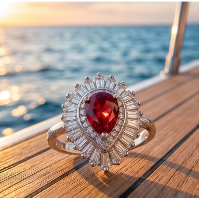 Magnificent Jewel 4.4 carat Ruby .925 Sterling Silver handcrafted incredible ring s. 7 - Close-up of ruby ring on deck, sunset background