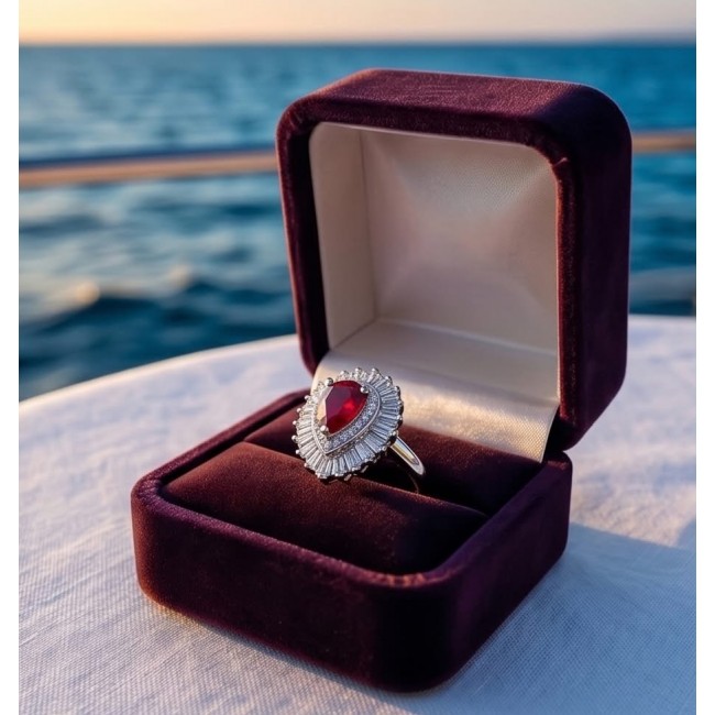 Magnificent Jewel 4.4 carat Ruby .925 Sterling Silver handcrafted incredible ring s. 7 - Ruby ring in velvet box, ocean backdrop, close-up view