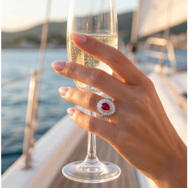 Magnificent Jewel 4.4 carat Ruby .925 Sterling Silver handcrafted incredible ring s. 7 - Ruby ring worn on hand holding champagne glass, yacht setting.