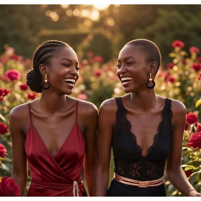 Outstanding authentic Onyx .925 Sterling Silver dipped in 18K Rose Gold Earrings - Two women wearing Onyx .925 Sterling Silver earrings in a garden setting.