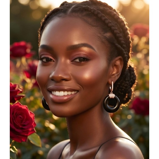 Outstanding authentic Onyx .925 Sterling Silver dipped in 18K Rose Gold Earrings - Woman wearing Onyx earrings in garden setting.