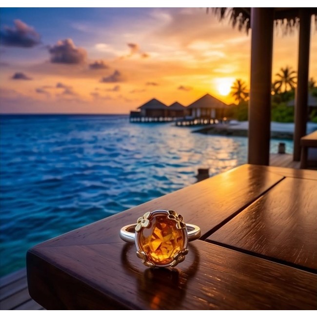 Queen of Fire best quality 6.4 carat BALTIC AMBER 2 tones .925 Sterling Silver handmade ring 7 - Baltic amber ring on table with tropical sunset ocean view