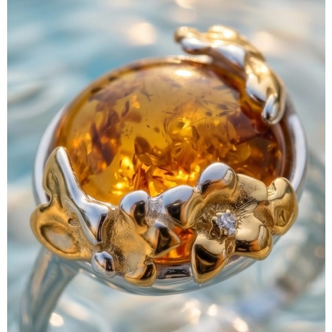 Queen of Fire best quality 6.4 carat BALTIC AMBER 2 tones .925 Sterling Silver handmade ring 7 - Amber ring close-up with floral design and gold accents.
