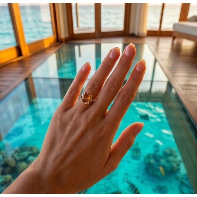Queen of Fire best quality 6.4 carat BALTIC AMBER 2 tones .925 Sterling Silver handmade ring 7 - Hand wearing Queen of Fire Baltic Amber ring by the ocean