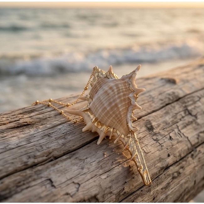 Vitamin Sea Large Oceab Shell 14K Gold over .925 Shell Sterling Silver necklace - Side view of ornate shell pendant on driftwood by the sea.