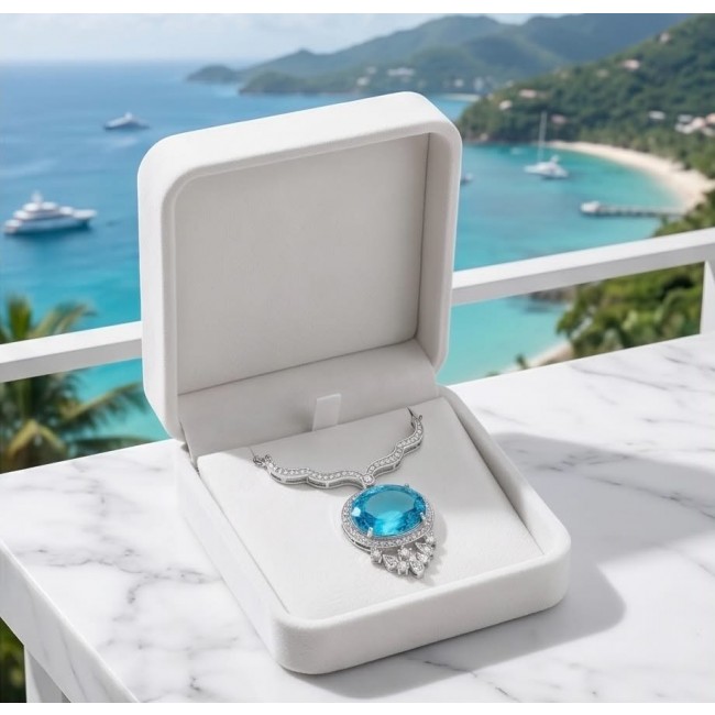 A Wild Ocean genuine 18.4 carat Paraiba Tourmaline .925 Sterling Silver handmade Statement necklace - Paraiba Tourmaline necklace in open box with ocean view background