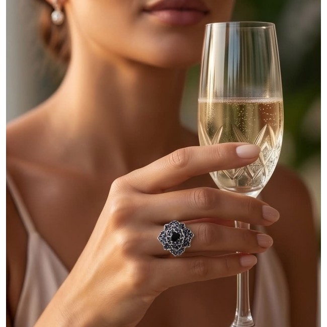 Blue Flower 12.2 carat natural Sapphire .925 Sterling Silver Perfectly handcrafted Ring s. 9 - Close-up of Blue Flower Sapphire ring worn on hand holding a champagne glass.