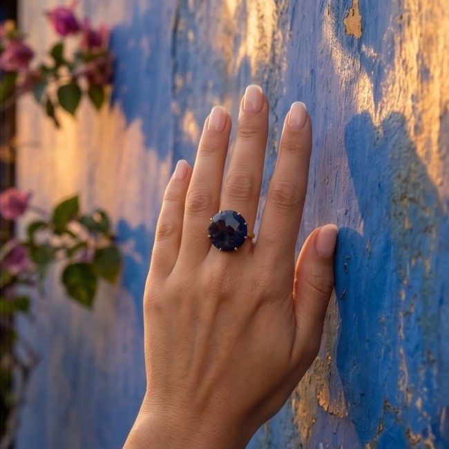 Born to Glam 14.2 carat natural Sapphire 18K Gold over .925 Sterling Silver Perfectly handcrafted Ring s. 8 - Hand wearing Born to Glam 14.2 carat sapphire ring, outdoor setting