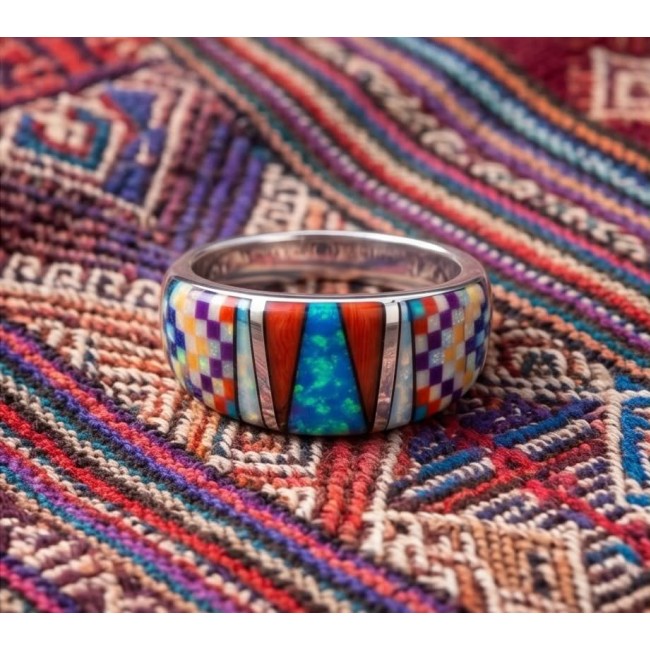 Aztec's Spirit Genuine inlay doublet Opal .925 Sterling Silver handmade Ring size 6 1/4 - Close-up of Aztec's Spirit ring with vibrant inlay, on colorful fabric.