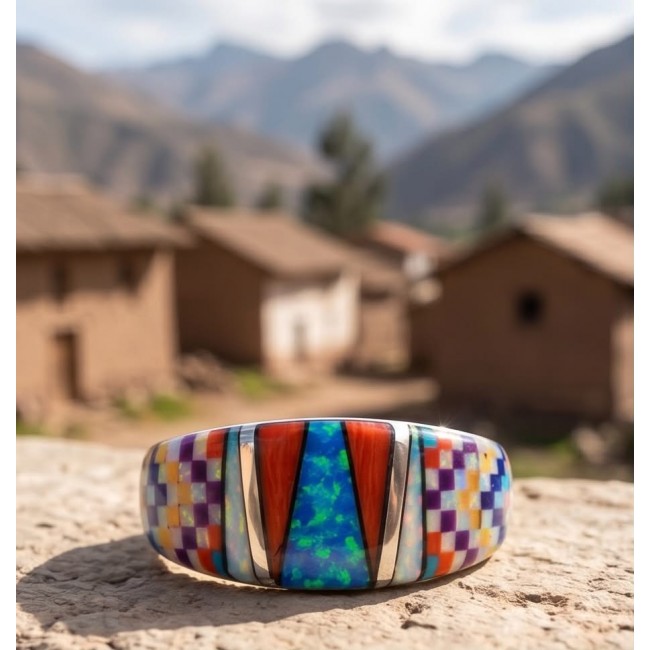 Aztec's Spirit Genuine inlay doublet Opal .925 Sterling Silver handmade Ring size 6 1/4 - Close-up of Aztec's Spirit inlay opal ring with vibrant colors