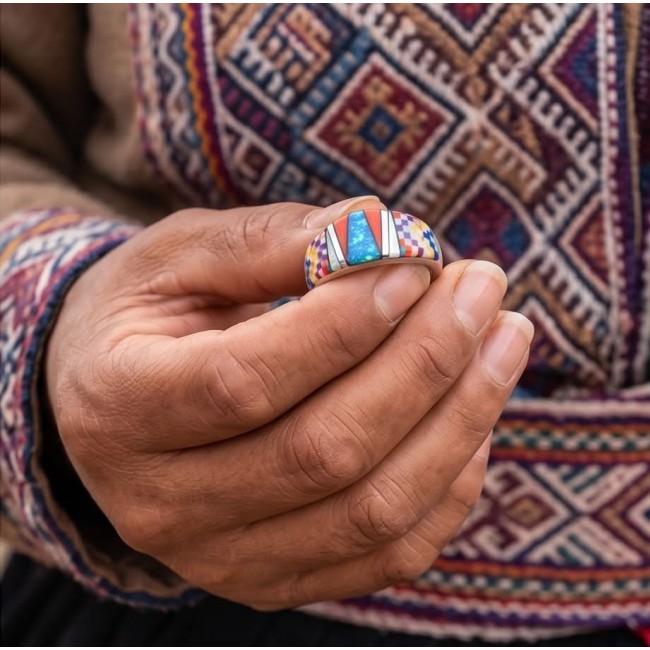 Aztec's Spirit Genuine inlay doublet Opal .925 Sterling Silver handmade Ring size 6 1/4 - Close-up of Aztec's Spirit ring held in hand, intricate inlay design.