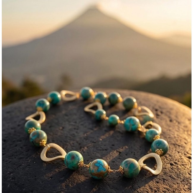 Bohemian Style Sea Sediment Jasper .925 Sterling Silver dipped in 14K Gold handmade necklace - Necklace close-up with sea sediment jasper on stone background.