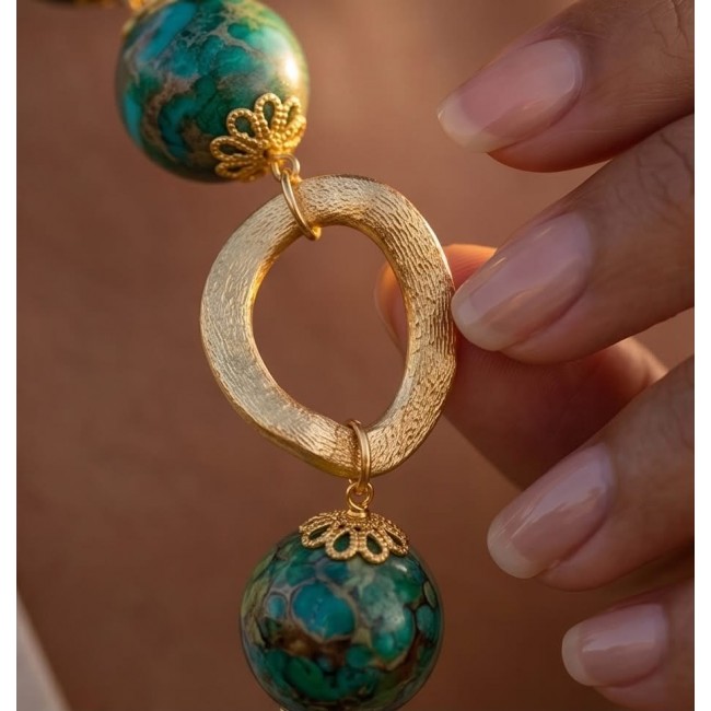 Bohemian Style Sea Sediment Jasper .925 Sterling Silver dipped in 14K Gold handmade necklace - Close-up of Bohemian-style jasper jewelry with gold details.