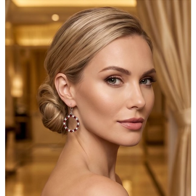 Red Royalty Authentic 24.9 carat Mozambique Garnet .925 Sterling Silver brilliantly handcrafted Statement earrings - Side view of garnet earrings worn elegantly with a braided updo.